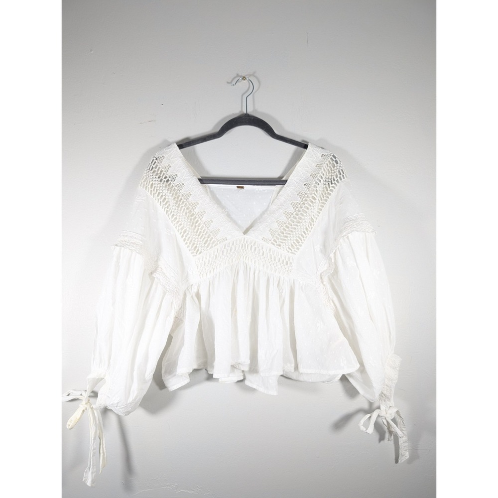 Free The Roses Laced Trim Linen Blend‎ Bohemian Gypsy Balloon Sleeves Top Medium